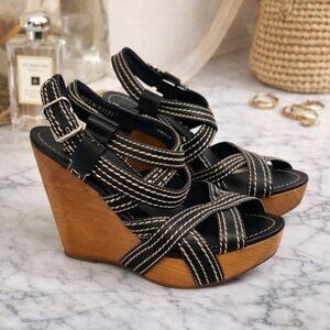 Miu Miu Black Leather Whipstitch Wooden Wedge Sandals Platform 8.5 Boho